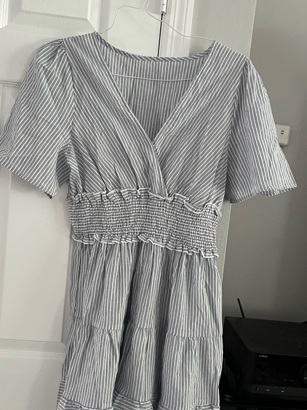 Cupshe Blue and White Striped V-Neck Smocked Mini Dress